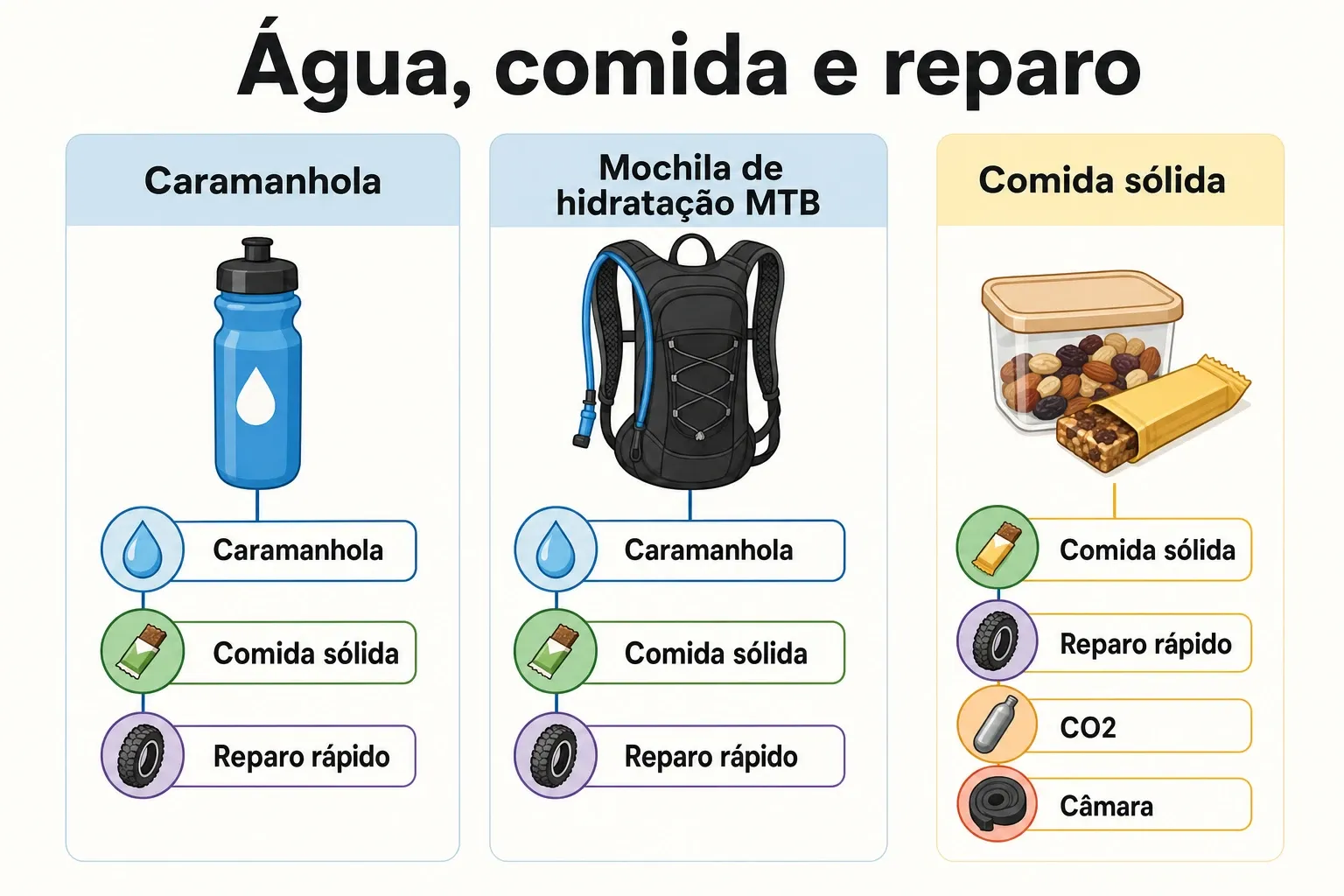 Gráfico comparativo com rótulos curtos entre opções de hidratação, comida e reparo para escolher o que mais pesa menos no pedal longo.