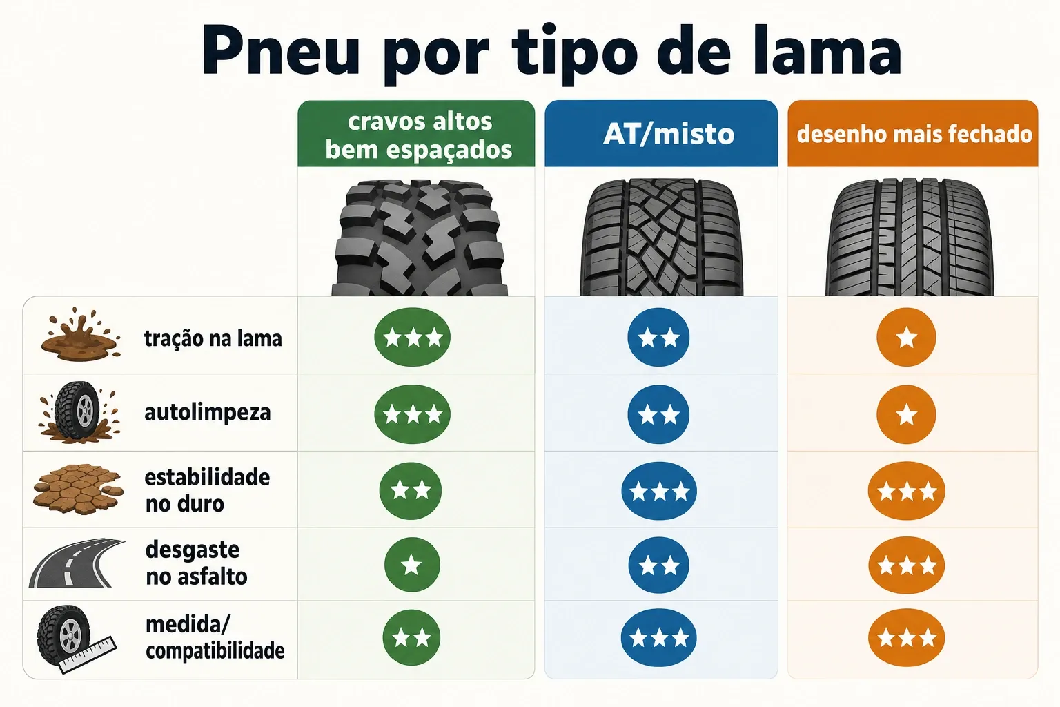 Tabela visual comparando perfis de pneu por tração, autolimpeza, estabilidade, desgaste e compatibilidade.