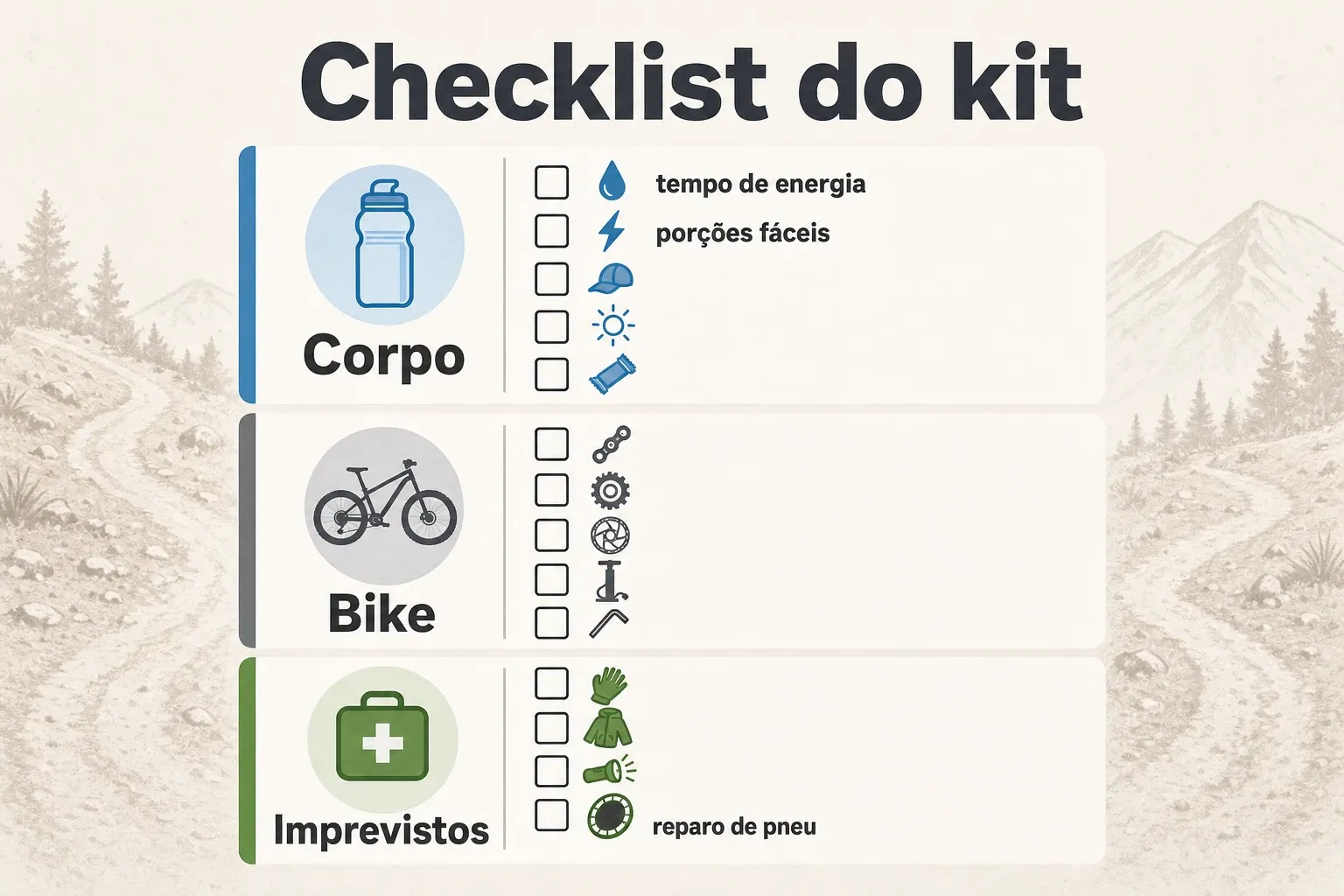 Infográfico com checklist dividido em corpo, bike e imprevistos, para montar o kit antes de um pedal longo de MTB sem exagerar no peso.