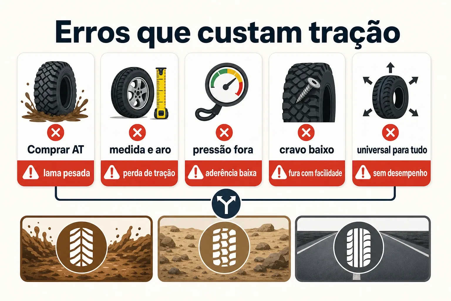 Checklist visual de erros comuns na escolha e na montagem do pneu para barro e lama.