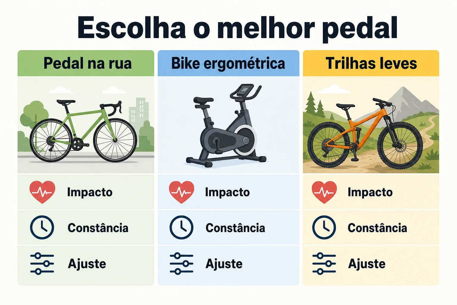 Comparação entre pedal na rua, bike ergométrica e trilhas leves por critérios como impacto e constância.