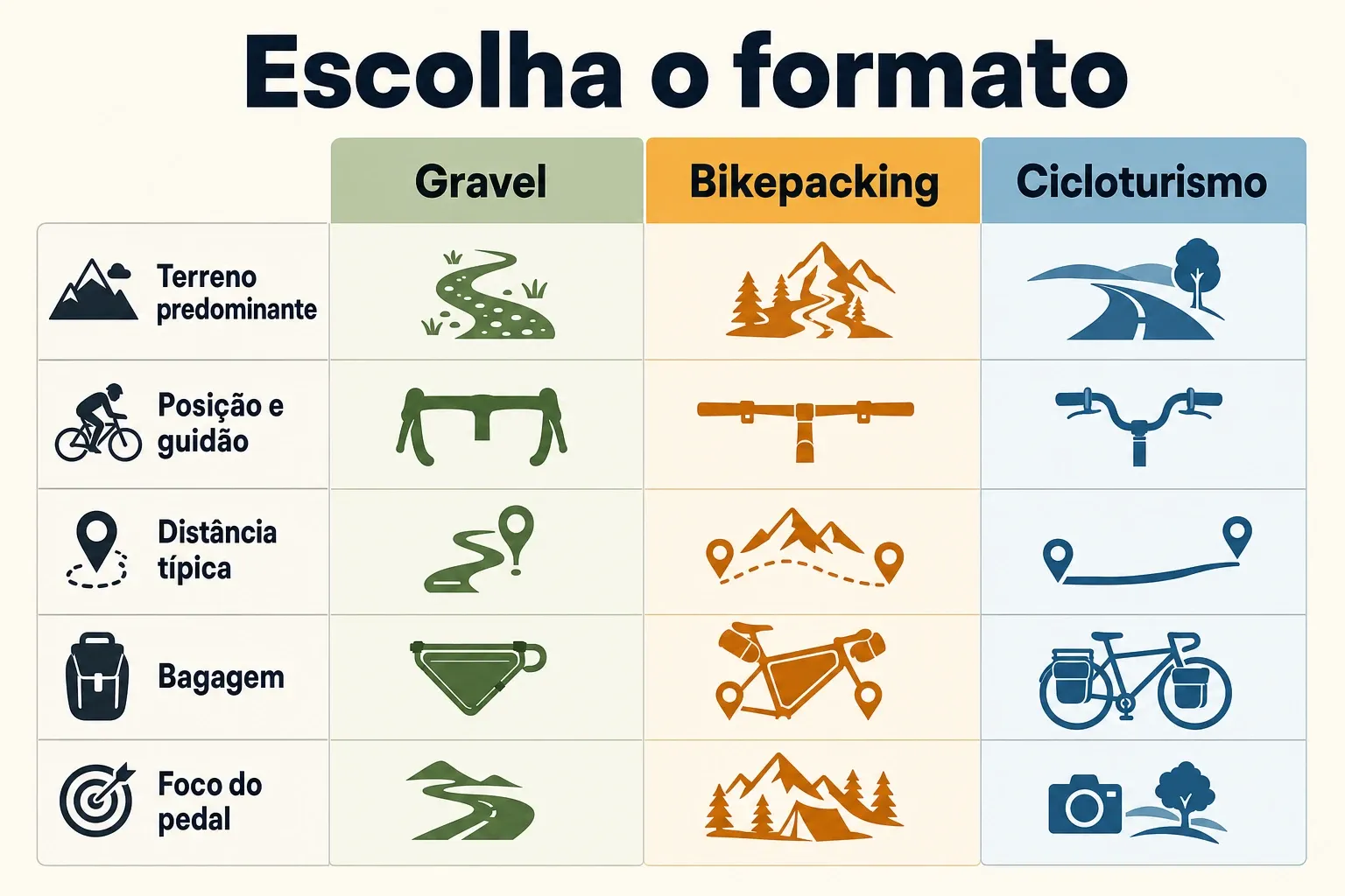 Tabela comparativa entre gravel, bikepacking e cicloturismo por terreno e bagagem