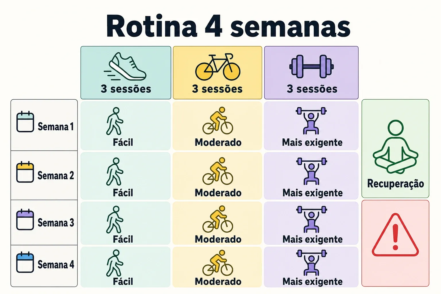 Comparativo visual da rotina de 4 semanas na bicicleta com sessões fáceis, moderadas e mais exigentes e foco em recuperação.