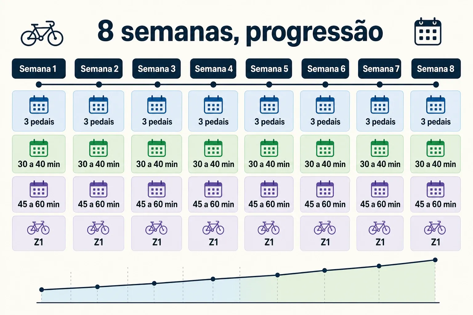 Infográfico com cronograma de 8 semanas mostrando frequência, duração e referência de intensidade para iniciantes.