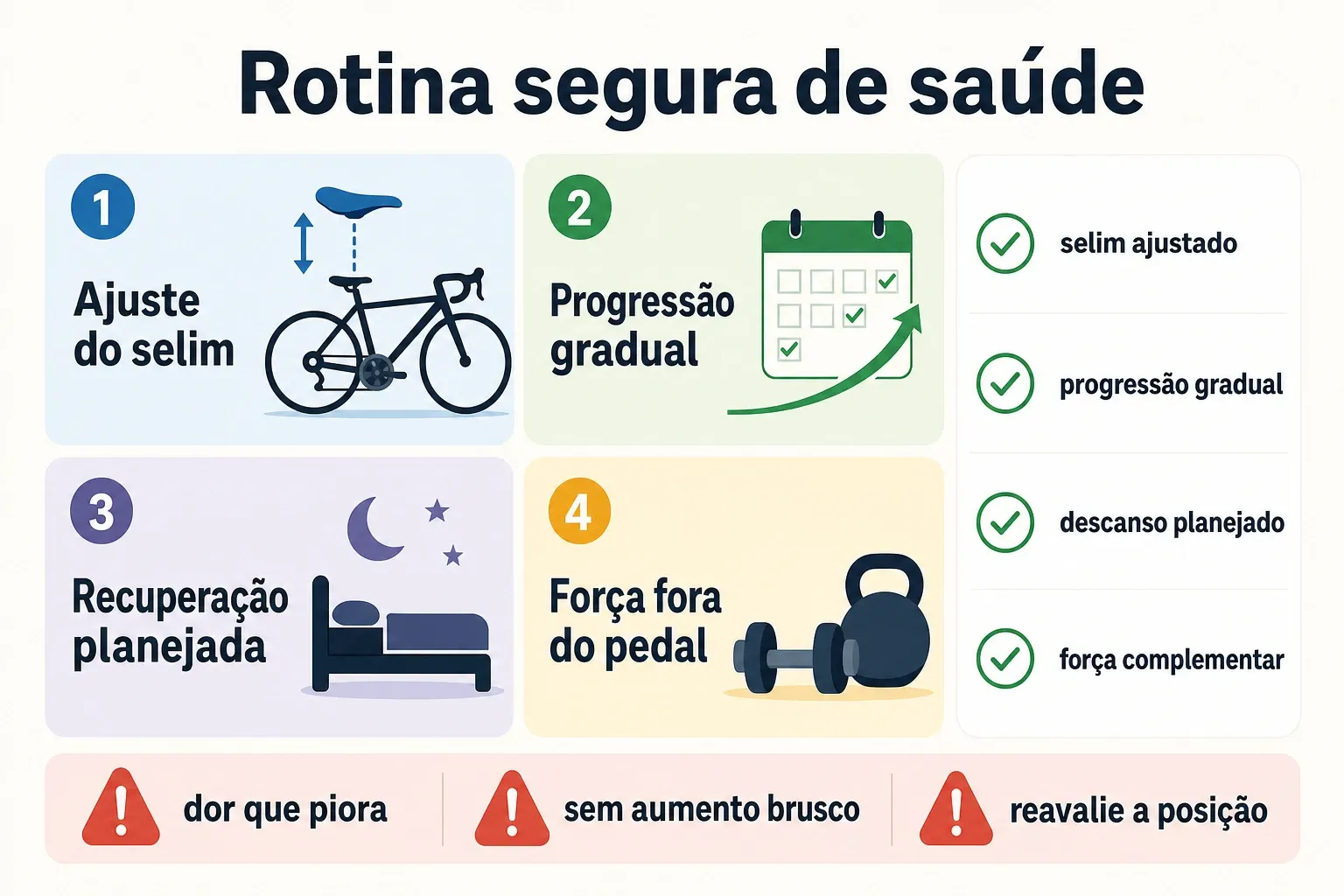Infográfico com checklist para montar rotina de ciclismo focada em saúde física, ajuste, progressão e recuperação.