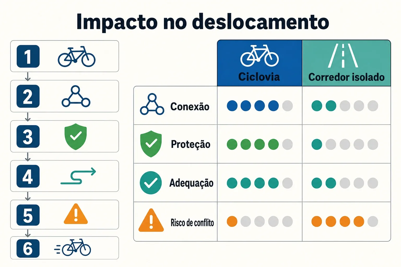 Infográfico com critérios para avaliar se uma ciclovia melhora deslocamentos: conexão, proteção, adequação e risco de conflito.