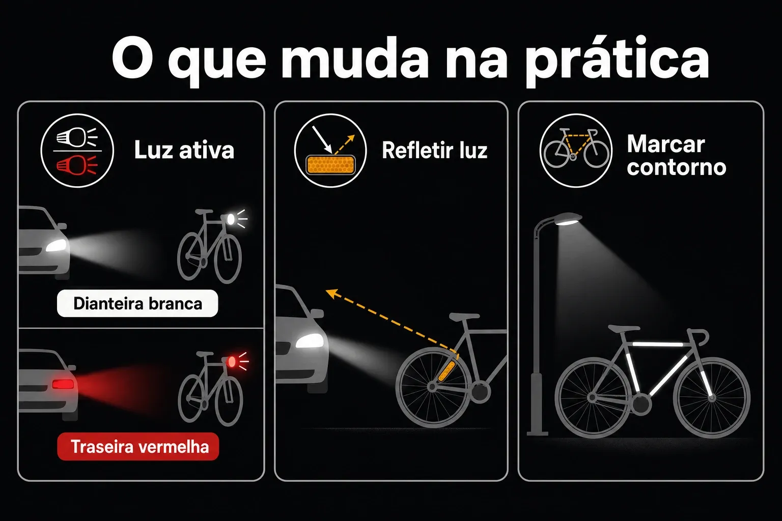 Infográfico noturno explicando diferença entre luz ativa, refletores e faixa refletiva na visibilidade da bicicleta
