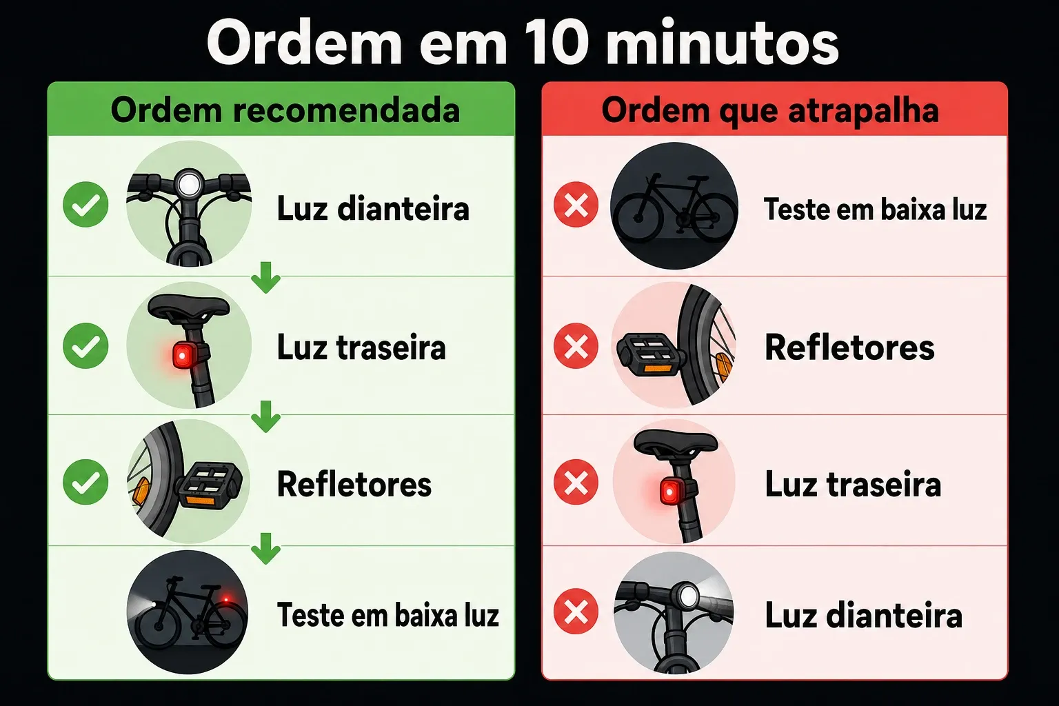 Comparativo de ordem correta e incorreta para montar sinalização noturna de bicicleta em poucos minutos