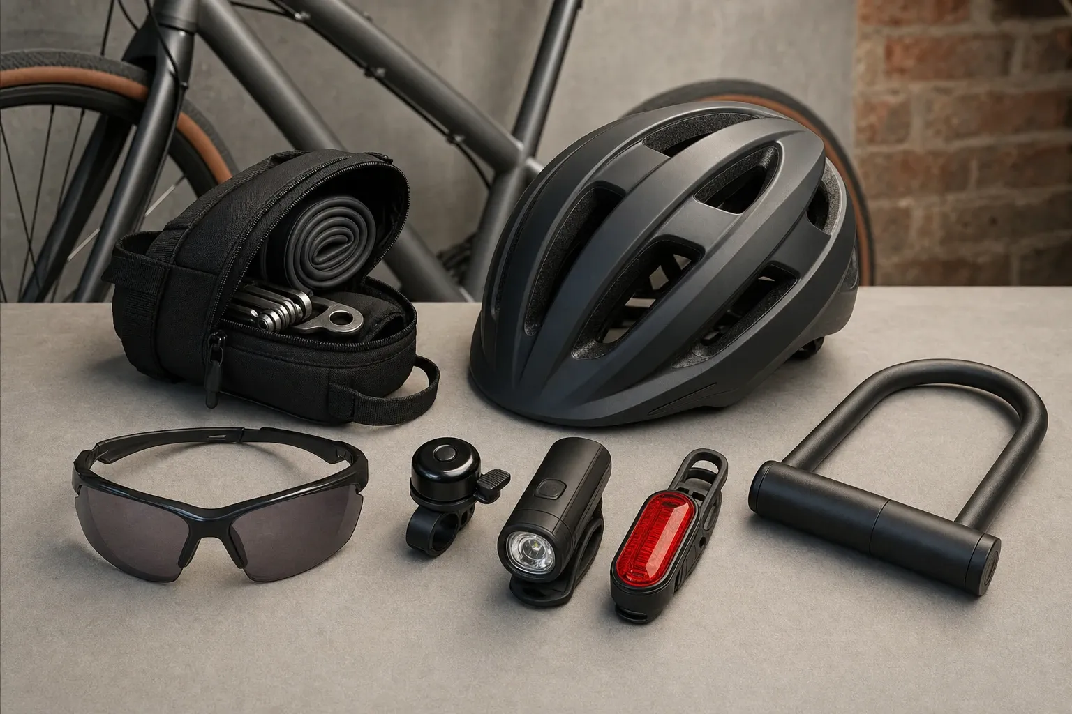Acessórios essenciais de ciclismo urbano dispostos junto a uma bicicleta, sem marcas.