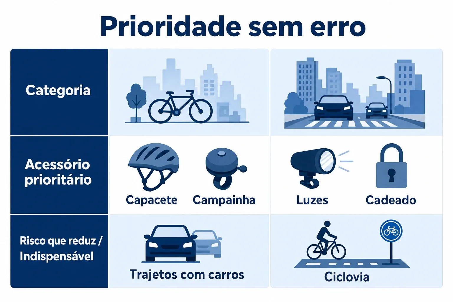 Gráfico comparativo de acessórios para ciclismo urbano por prioridade e risco que reduzem.