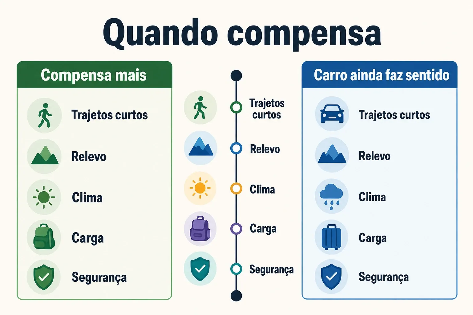 Infográfico com critérios para decidir entre bicicleta e carro conforme distância, relevo, clima, carga e segurança.