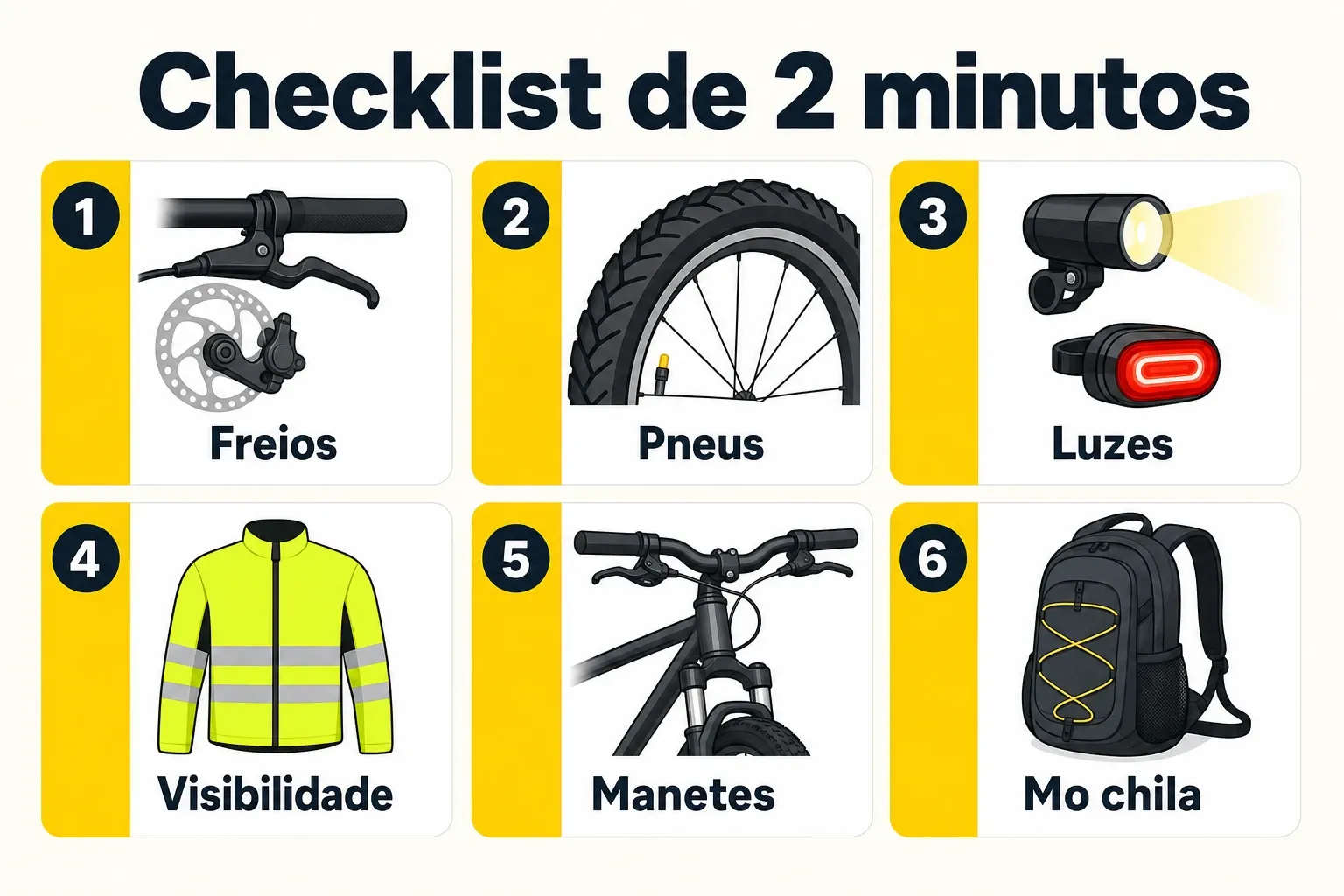 Checklist rápido de segurança antes de pedalar na cidade: freios, pneus, luzes e visibilidade.