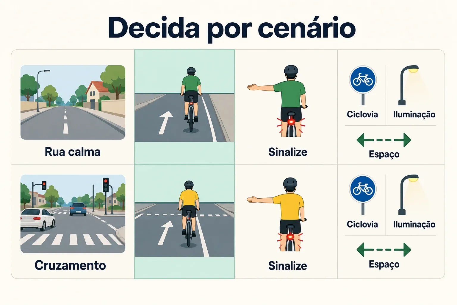 Guia de decisão por cenário urbano: posicionamento, sinalização e cautela em situações comuns na cidade.
