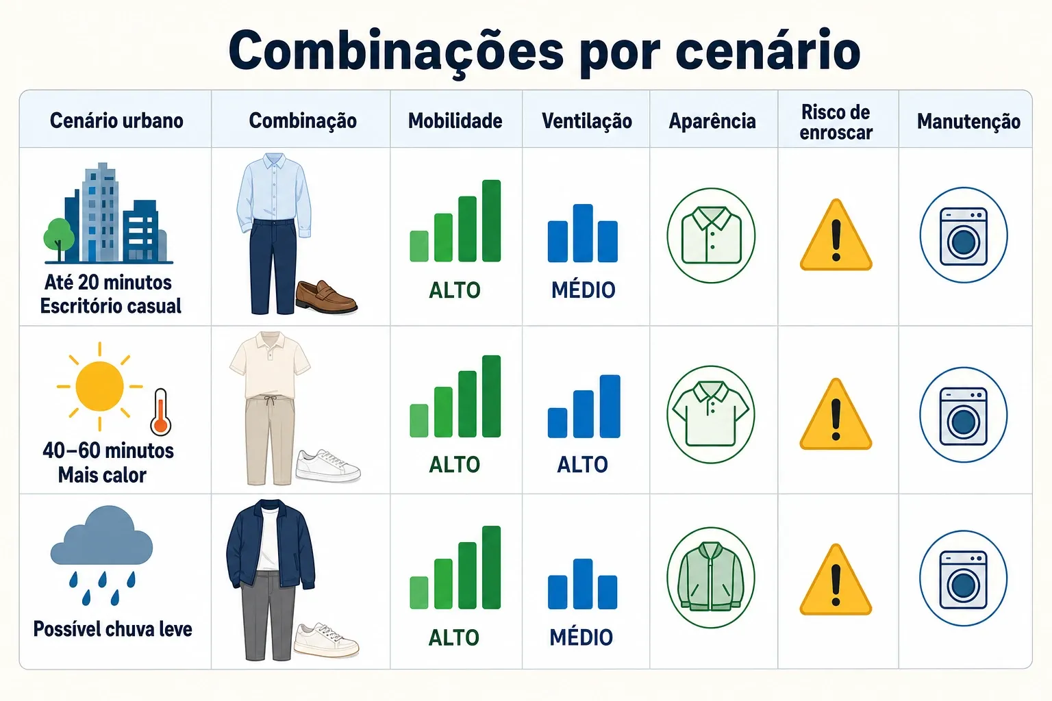 Gráfico comparativo de combinações de roupas por cenário real de deslocamento de bicicleta