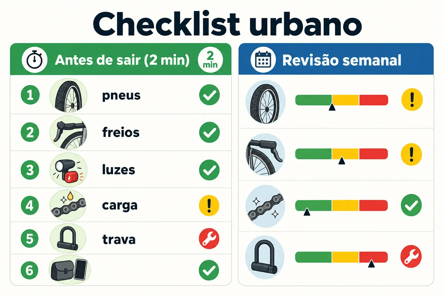 Infográfico com checklist rápido antes de sair e itens para revisão semanal da bicicleta no ciclismo urbano.