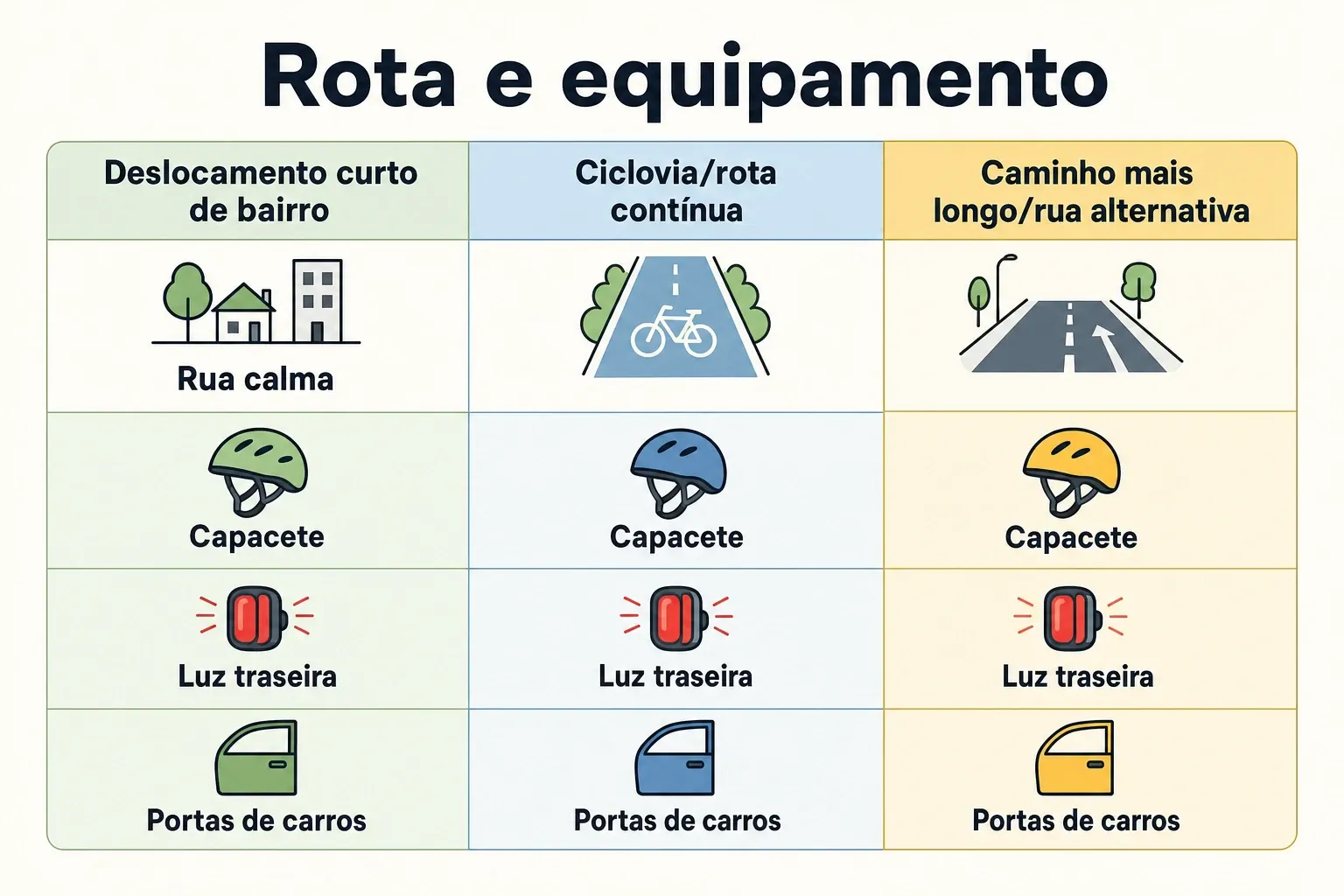 Comparativo em infográfico que mostra a combinação de rota e equipamento ideal para diferentes deslocamentos urbanos.