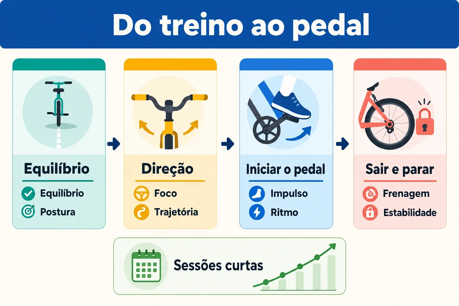 Infográfico com o passo a passo do primeiro treino para chegar ao primeiro pedal independente: equilíbrio, direção e sair e parar.