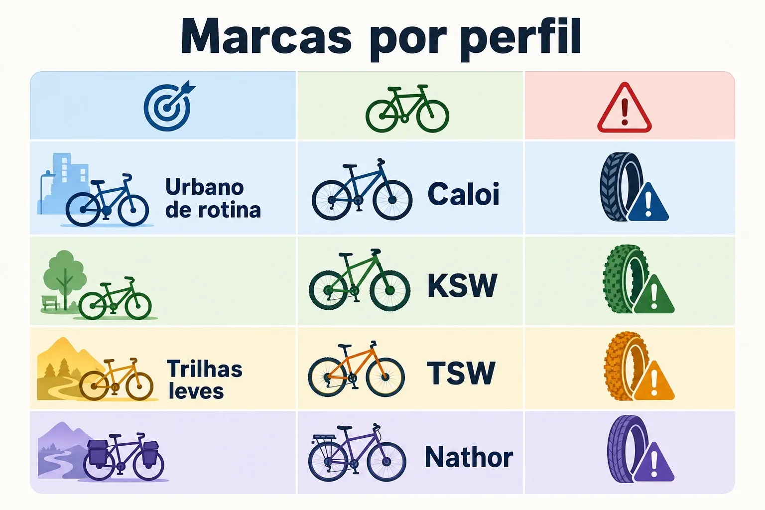 Gráfico comparativo com perfis de ciclista e marcas sugeridas por prioridade de uso, no estilo infográfico.