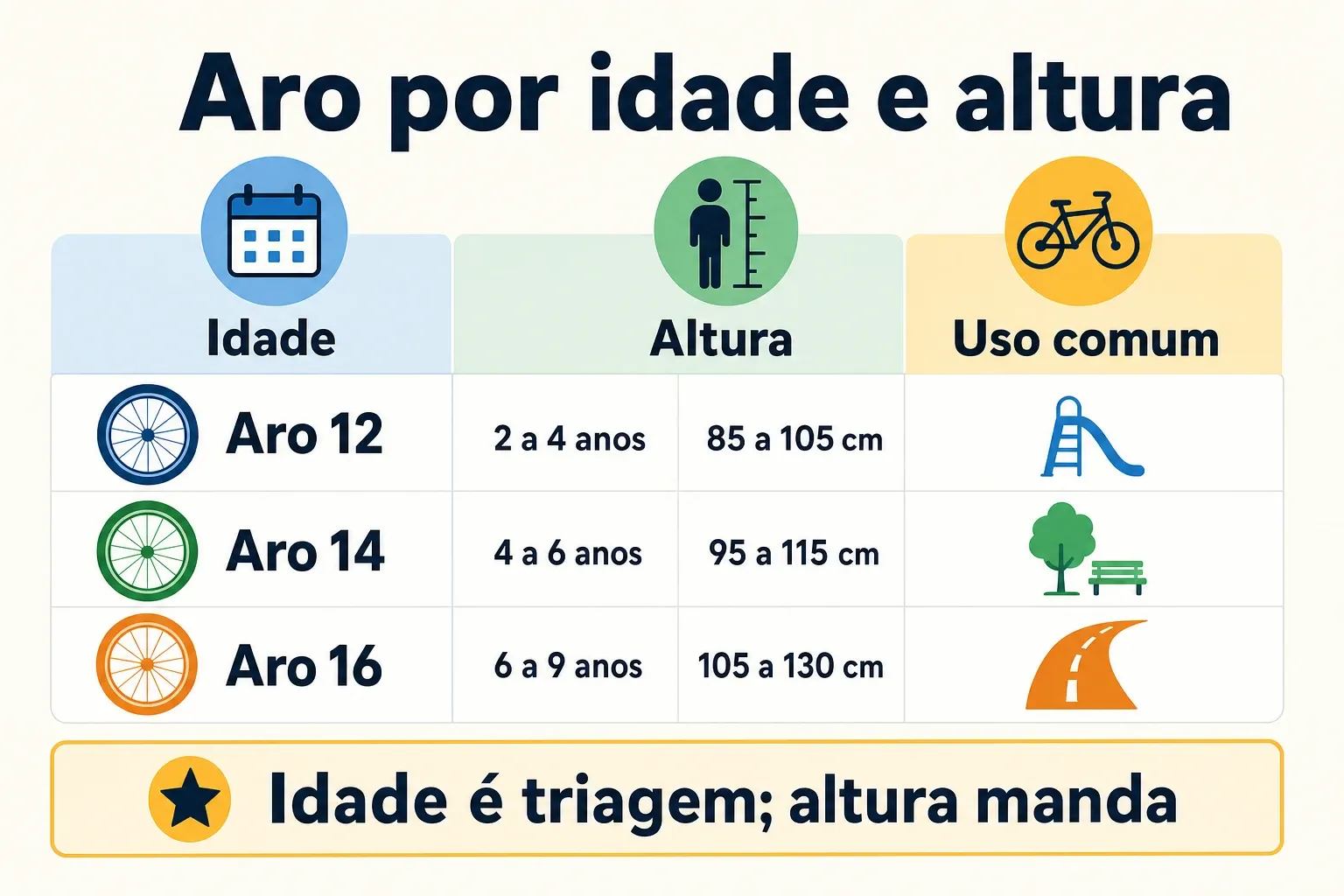 Infográfico com tabela prática de aros 12, 14 e 16 com idade, altura e uso comum, incluindo regra de checagem.