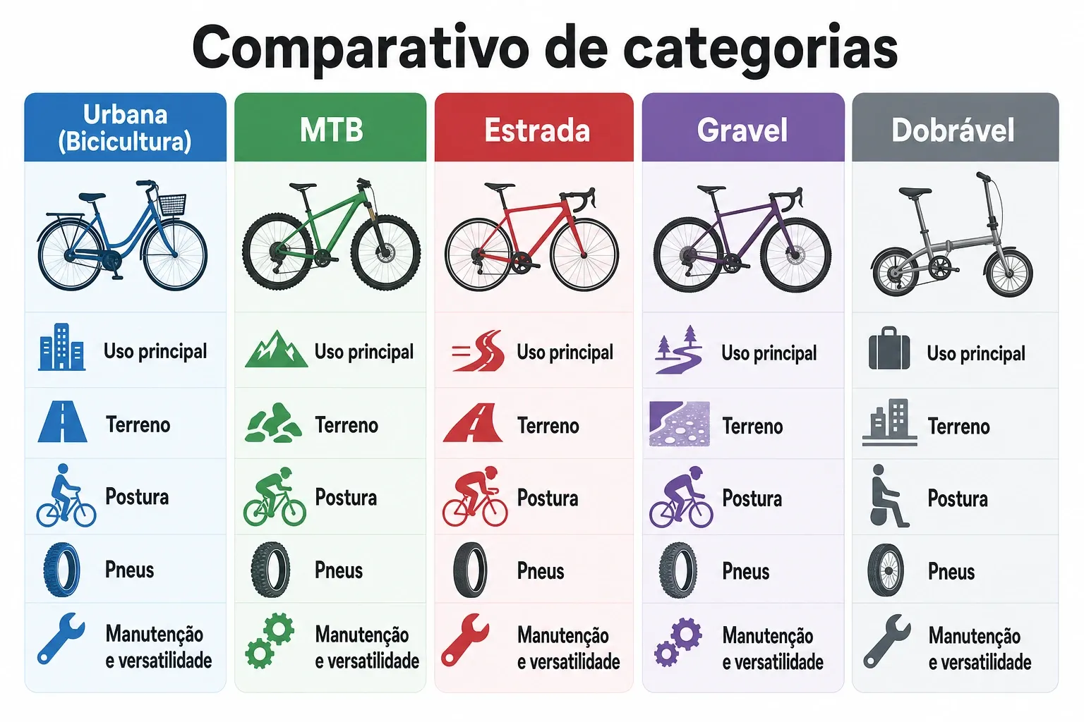 Quadro comparativo entre categorias de bicicleta por uso, terreno, postura e pneus.
