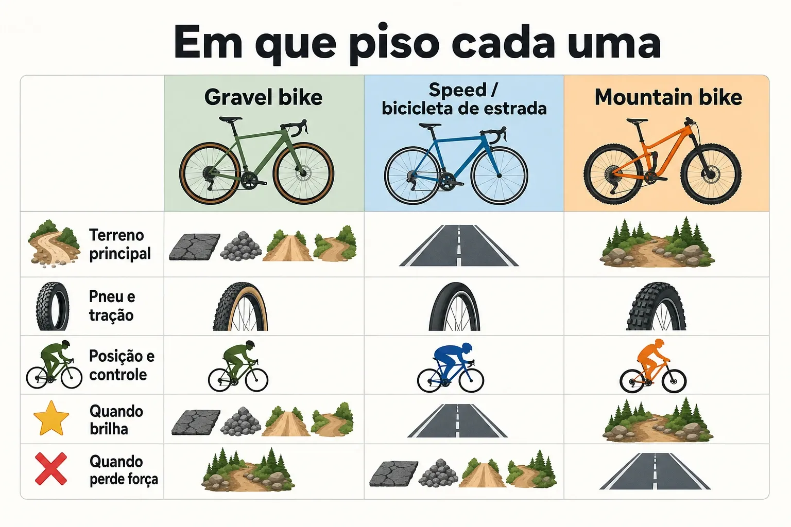 Gráfico comparativo entre gravel, speed e MTB por terreno e uso