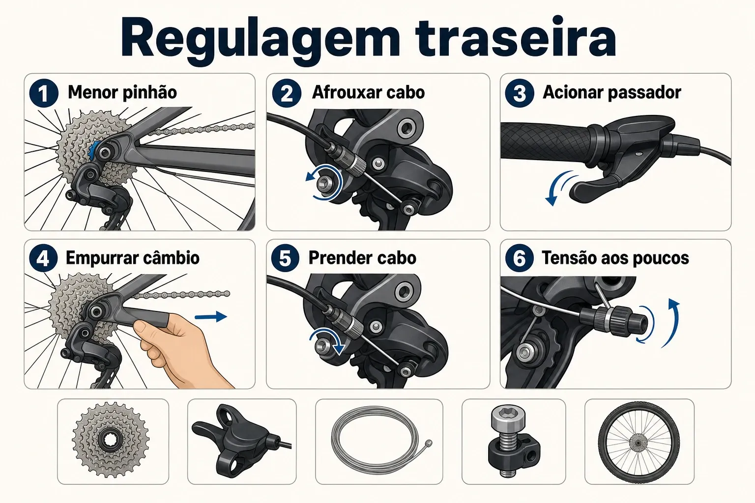 Infográfico passo a passo para regular a marcha traseira, do menor pinhão até o ajuste fino de tensão do cabo.