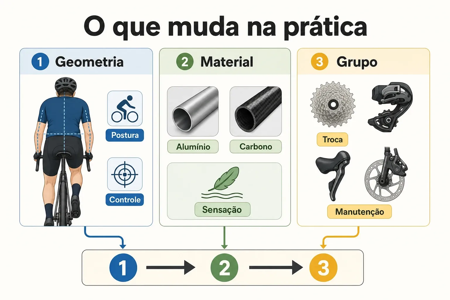 Infográfico em três painéis mostrando como geometria, material e grupo influenciam postura, sensação e manutenção na bicicleta de estrada.