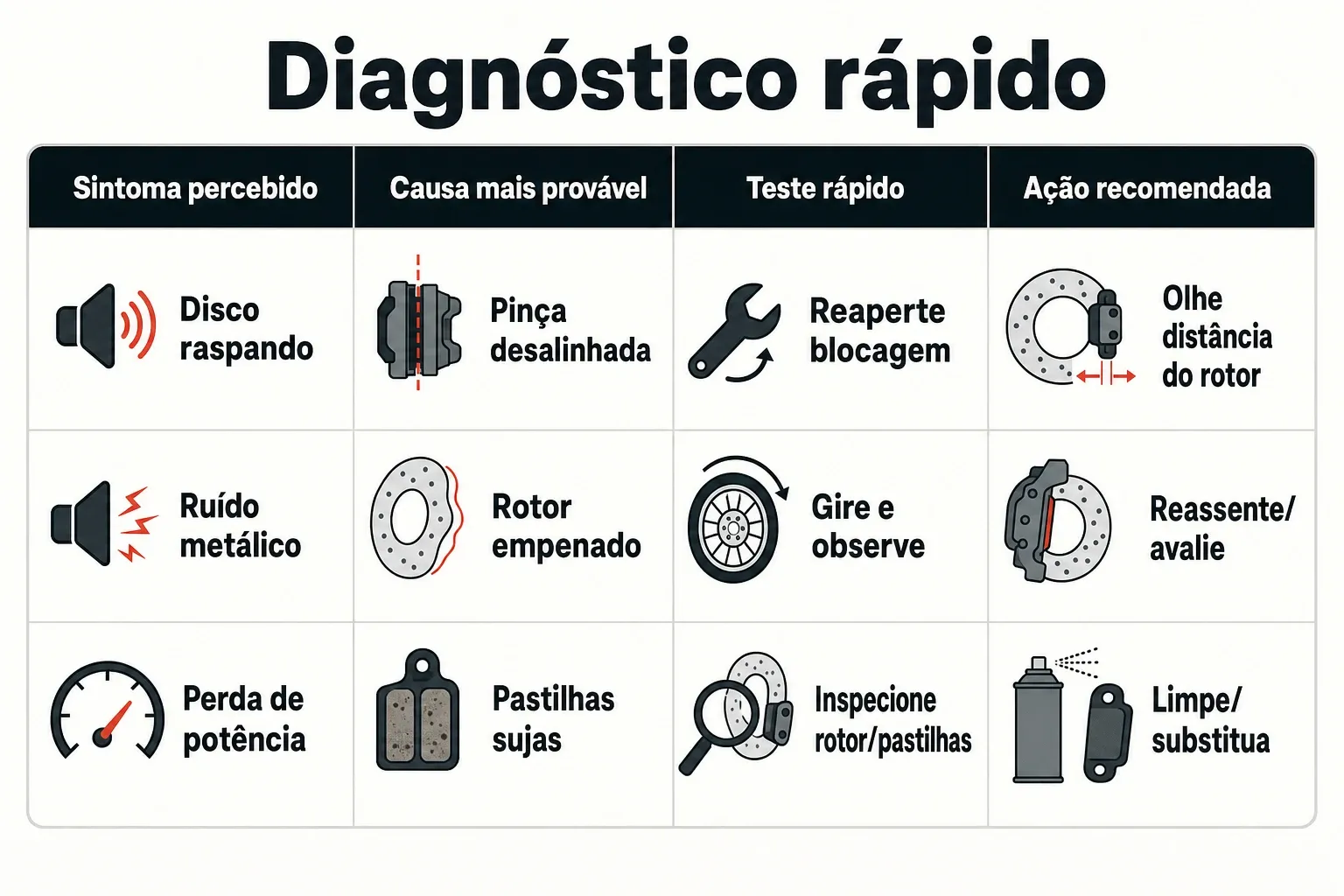 Infográfico em formato de tabela com sintomas, causas prováveis e ações recomendadas para freio a disco.