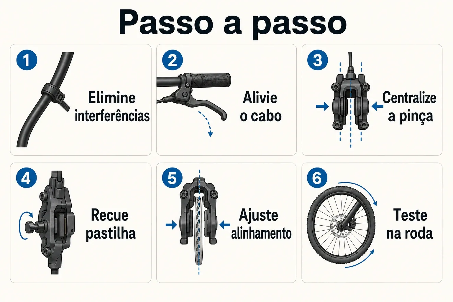 Infográfico com etapas numeradas para regular freio a disco mecânico, com foco em ordem de ajustes.