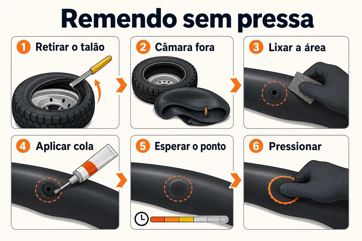 Infográfico com etapas do remendo de câmara de bicicleta, do furo ao teste final