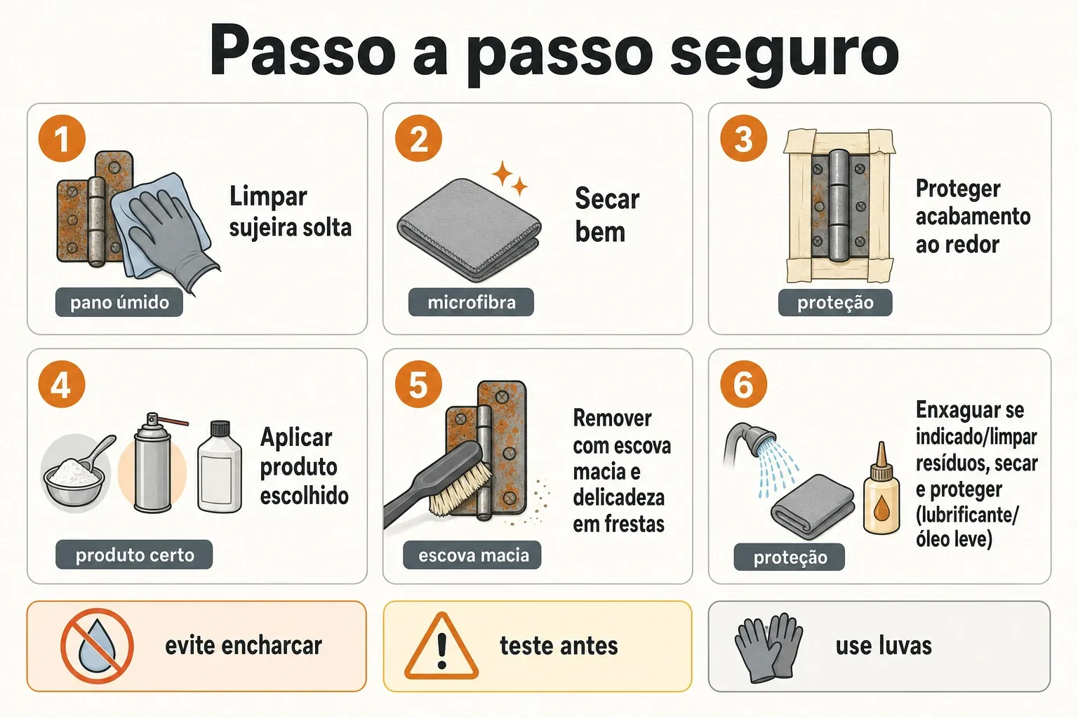 Infográfico em etapas para remover ferrugem com segurança, com limpeza, secagem, aplicação do produto, remoção e proteção final.