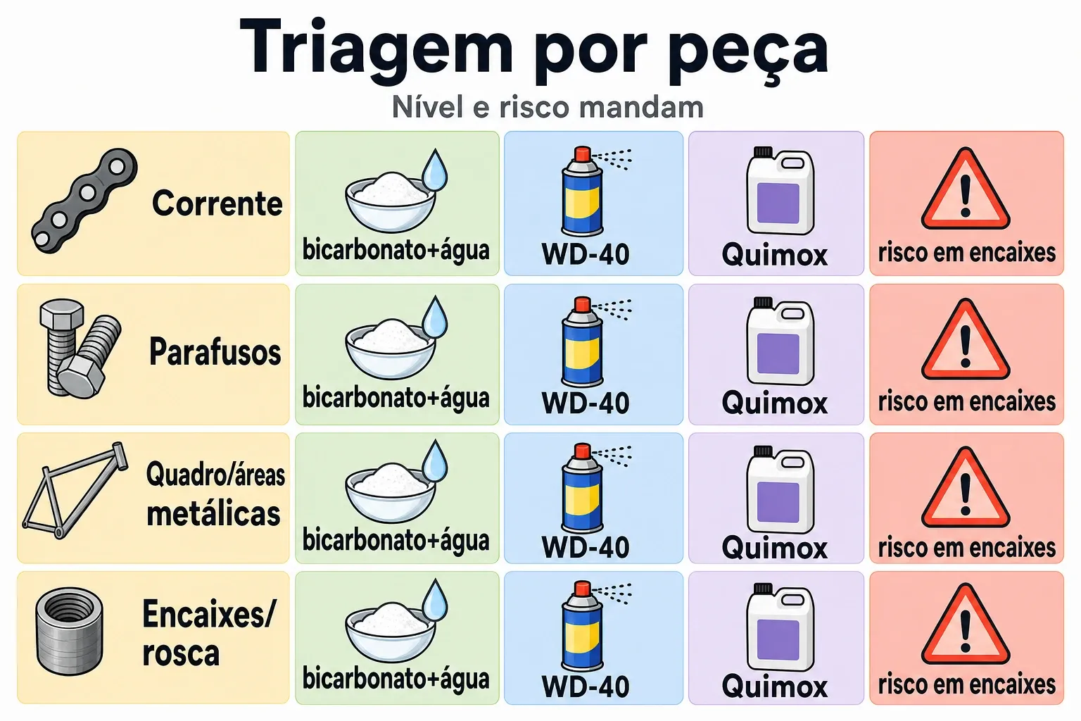 Quadro comparativo de soluções de ferrugem por peça e nível, com rótulos curtos e foco em risco para acabamento e encaixes.