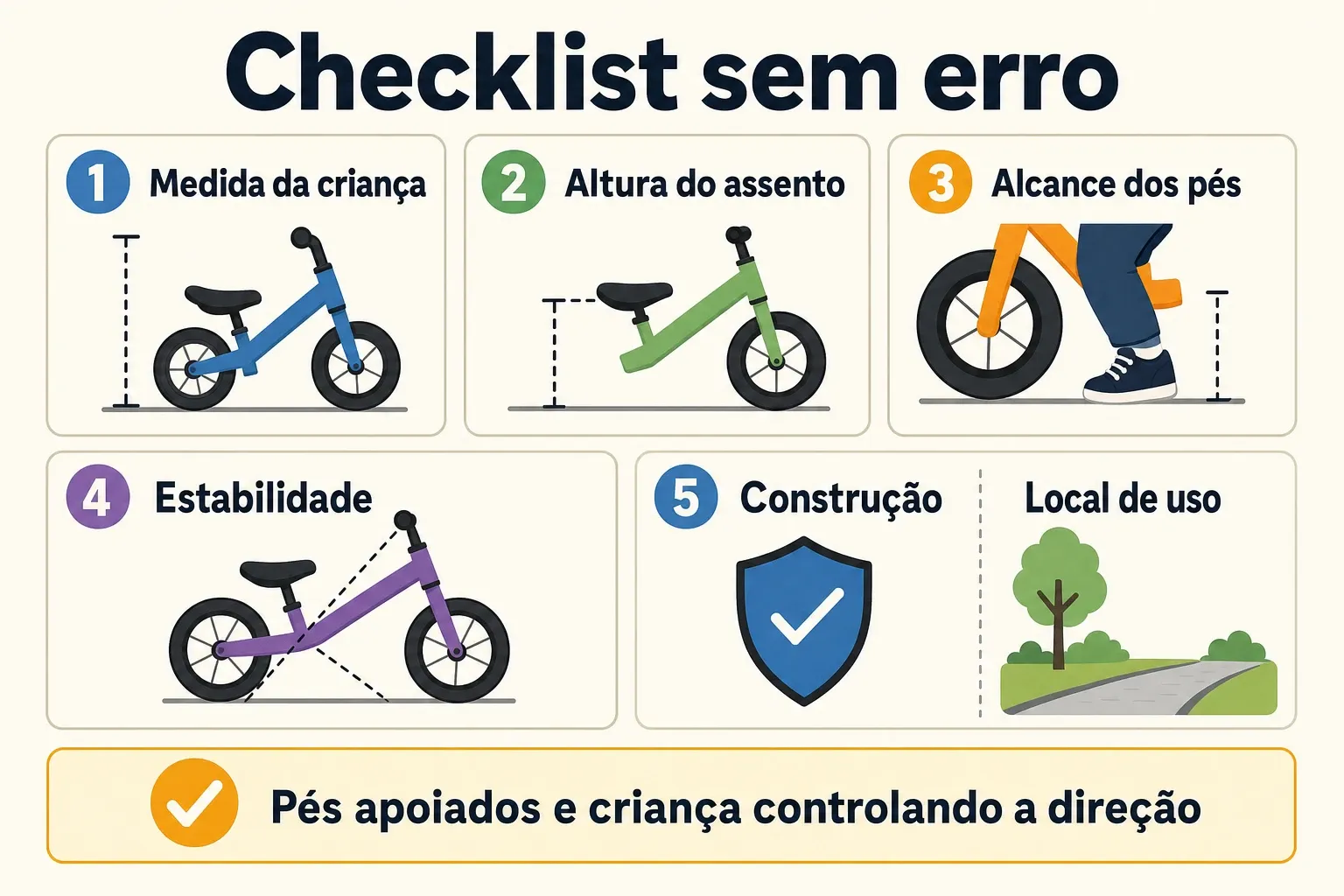 Infográfico com checklist para escolher bike de equilíbrio para bebê, com foco em medida, assento, alcance dos pés, estabilidade e segurança.