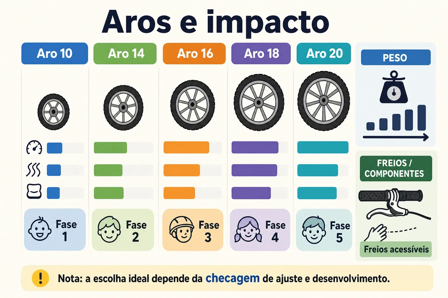 Comparativo visual entre bicicletas com diferentes aros (10 a 20 polegadas) destacando mudanças práticas em controle, peso e freios para crianças.
