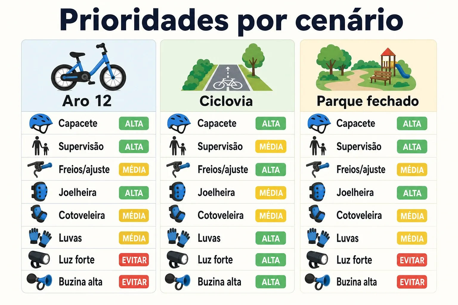 Infográfico comparando prioridades de acessórios de segurança por faixa etária e cenário de uso na bike infantil.