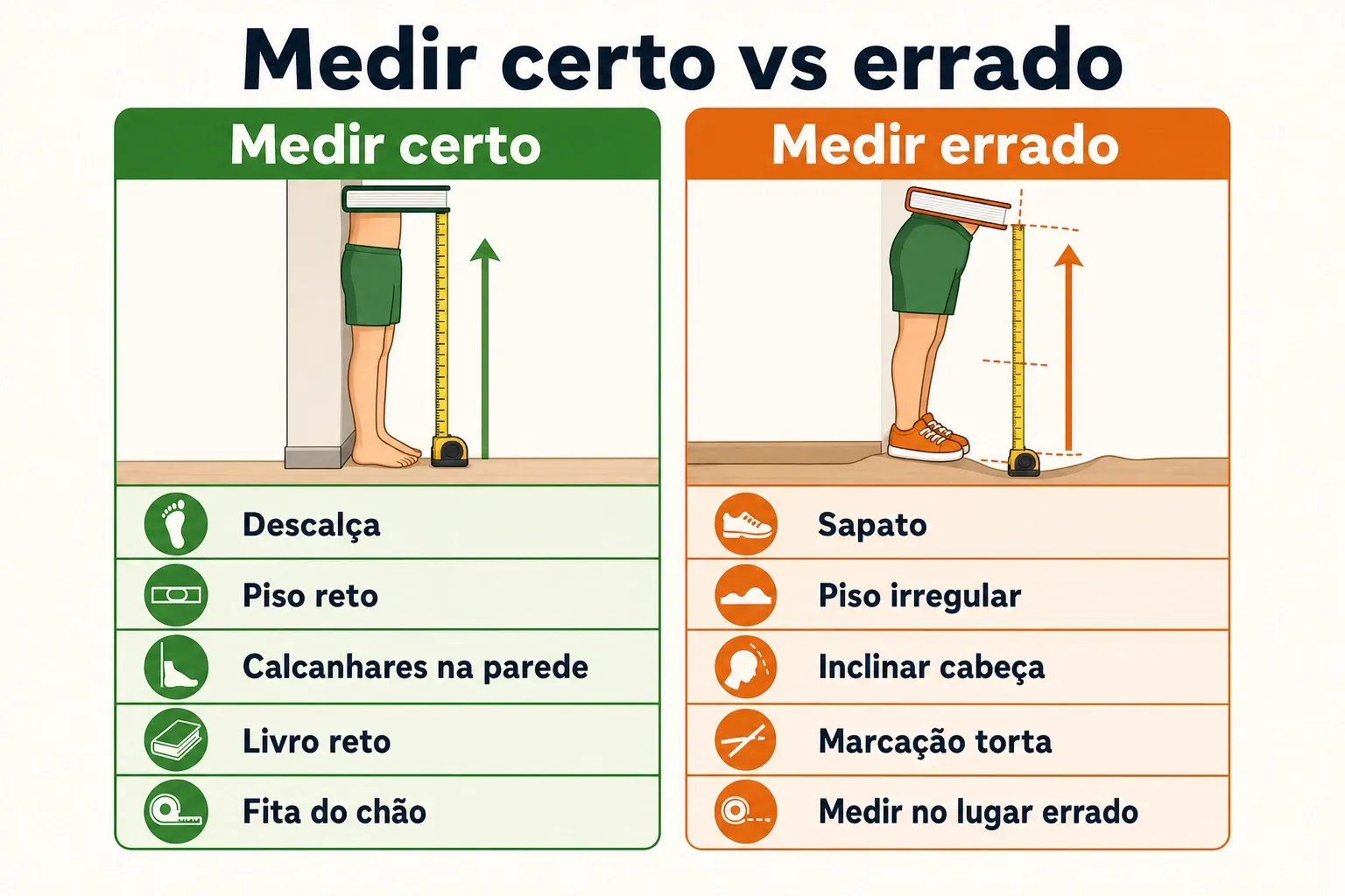 Comparativo visual mostrando como medir altura da criança corretamente e erros comuns antes de escolher o aro da bike infantil.