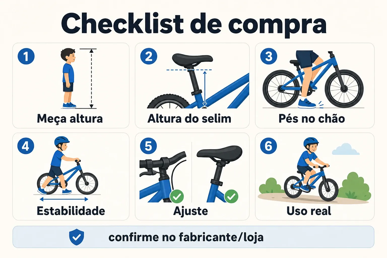 Infográfico com checklist para comprar bicicleta infantil aro 12 pelo tamanho e ajuste