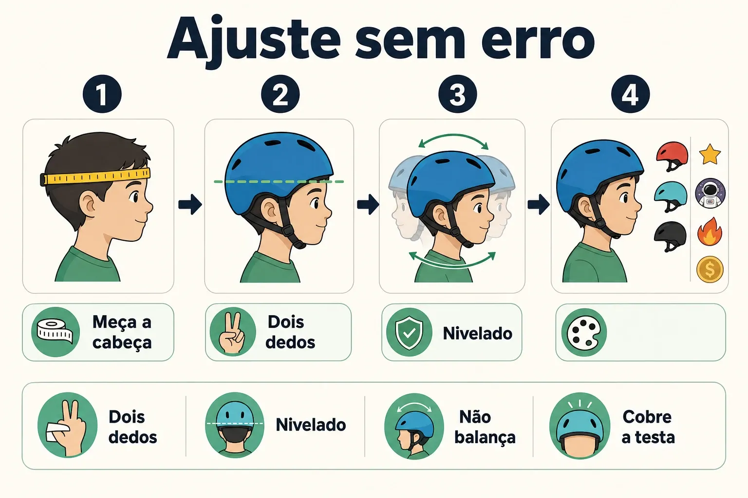 Infográfico com passos para medir, ajustar e testar capacete infantil, usando linguagem visual e rótulos curtos.