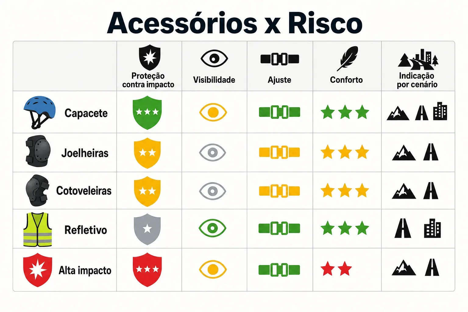 Comparativo visual entre principais acessórios de segurança para bike infantil por critérios como impacto, visibilidade, ajuste e conforto.