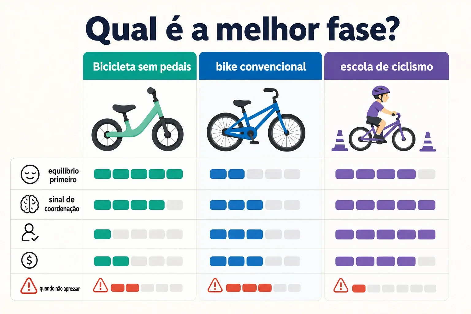 Gráfico comparando bicicleta sem pedais, bike convencional e escola de ciclismo por fase e objetivos.