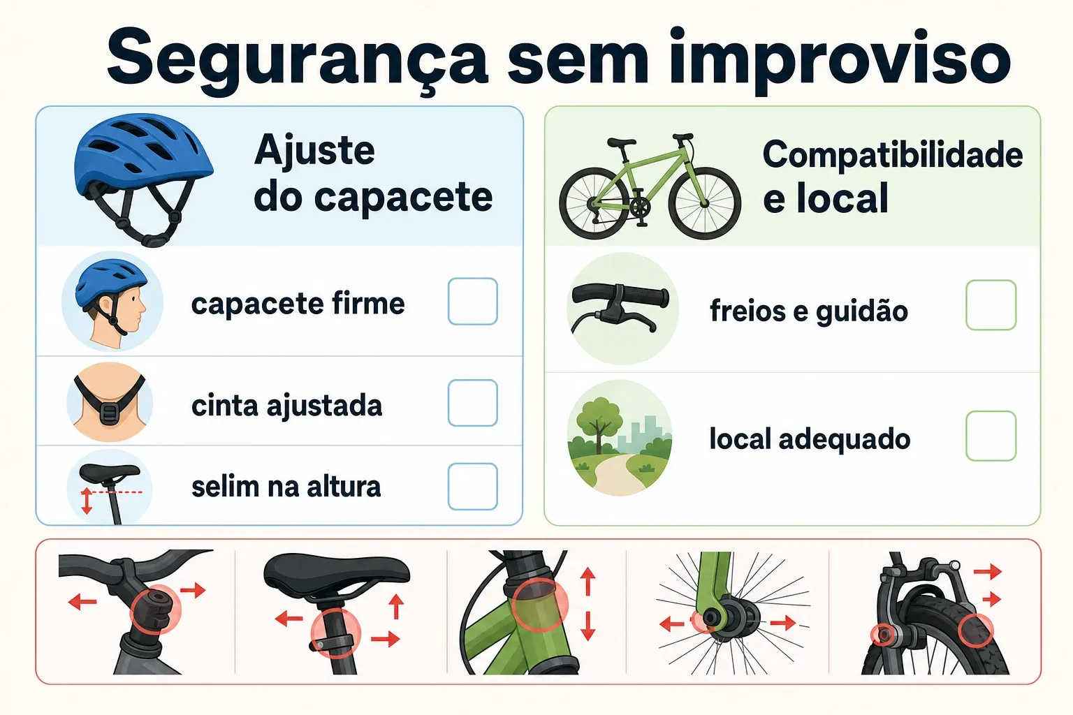 Checklist visual com pontos de segurança essenciais no ciclismo infantil: capacete, selim e ajuste da bike.