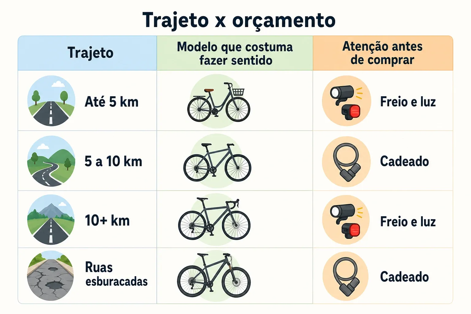Gráfico comparativo ligando distância e condições do trajeto ao modelo de bicicleta mais adequado e cuidados antes de comprar.