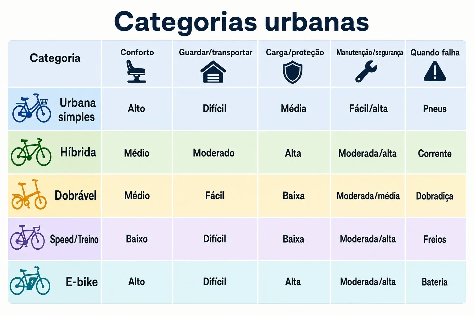 Comparação em tabela das categorias de bicicletas para o dia a dia urbano, com conforto, guarda, carga e manutenção.
