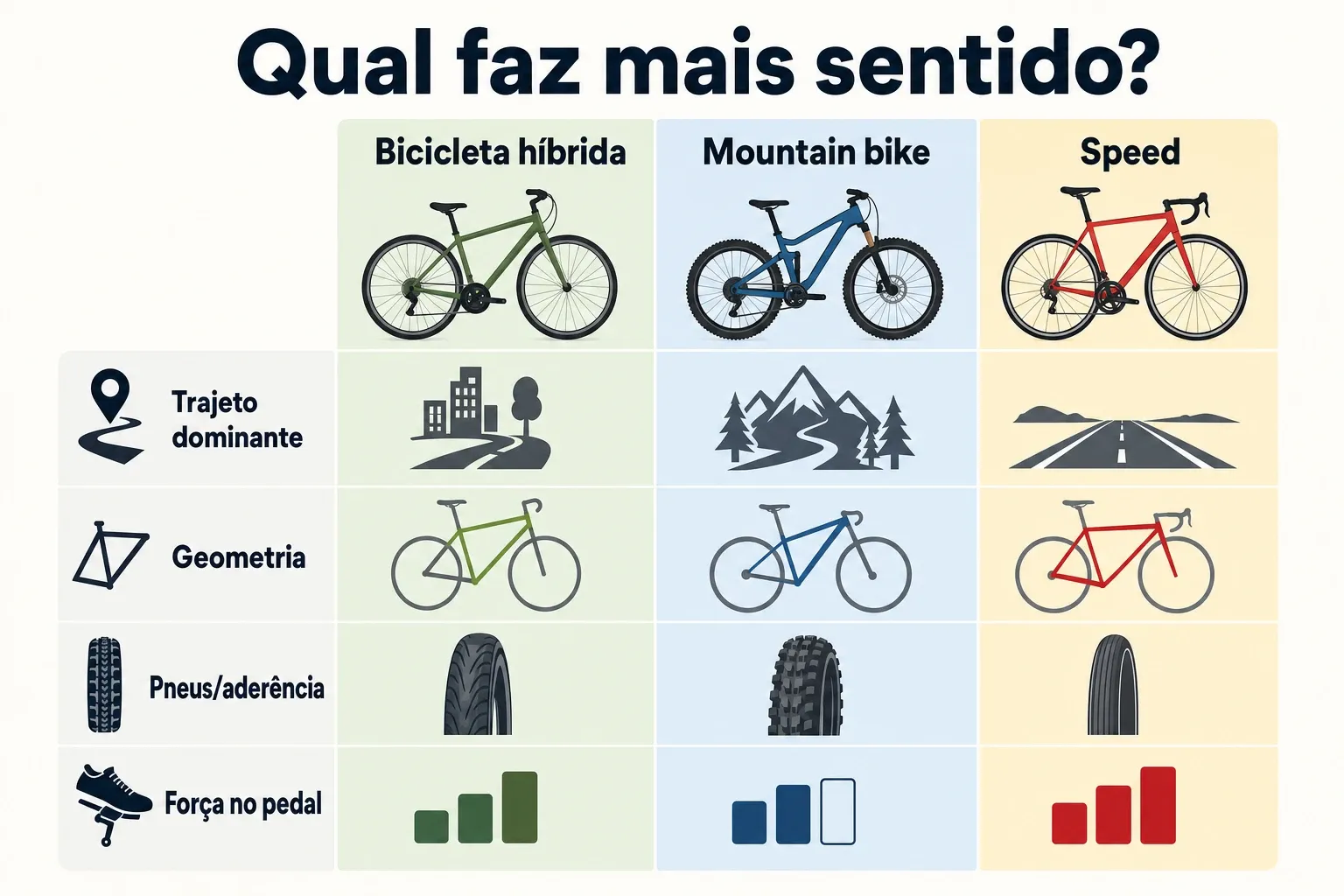 Gráfico comparativo com critérios de uso entre bicicleta híbrida, mountain bike e speed.
