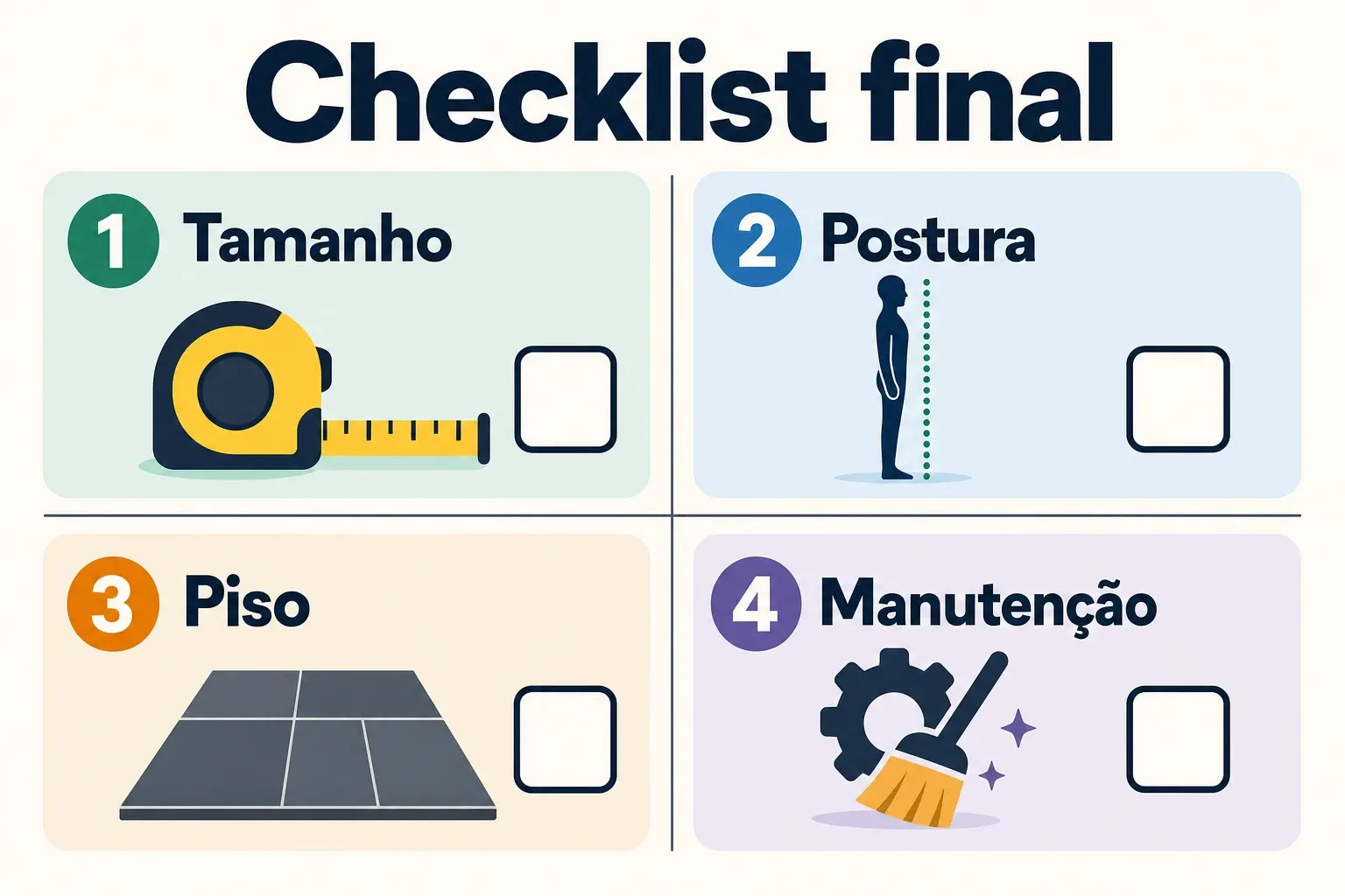 Infográfico checklist para avaliar tamanho, postura, piso e manutenção na escolha de bicicleta híbrida.