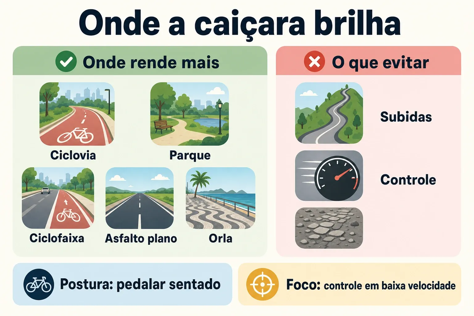 Infográfico com onde usar a bike caiçara e o que evitar, com ícones e rótulos curtos