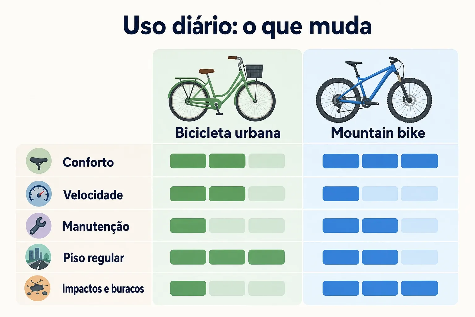 Comparação visual entre bicicleta urbana e mountain bike no uso diário.