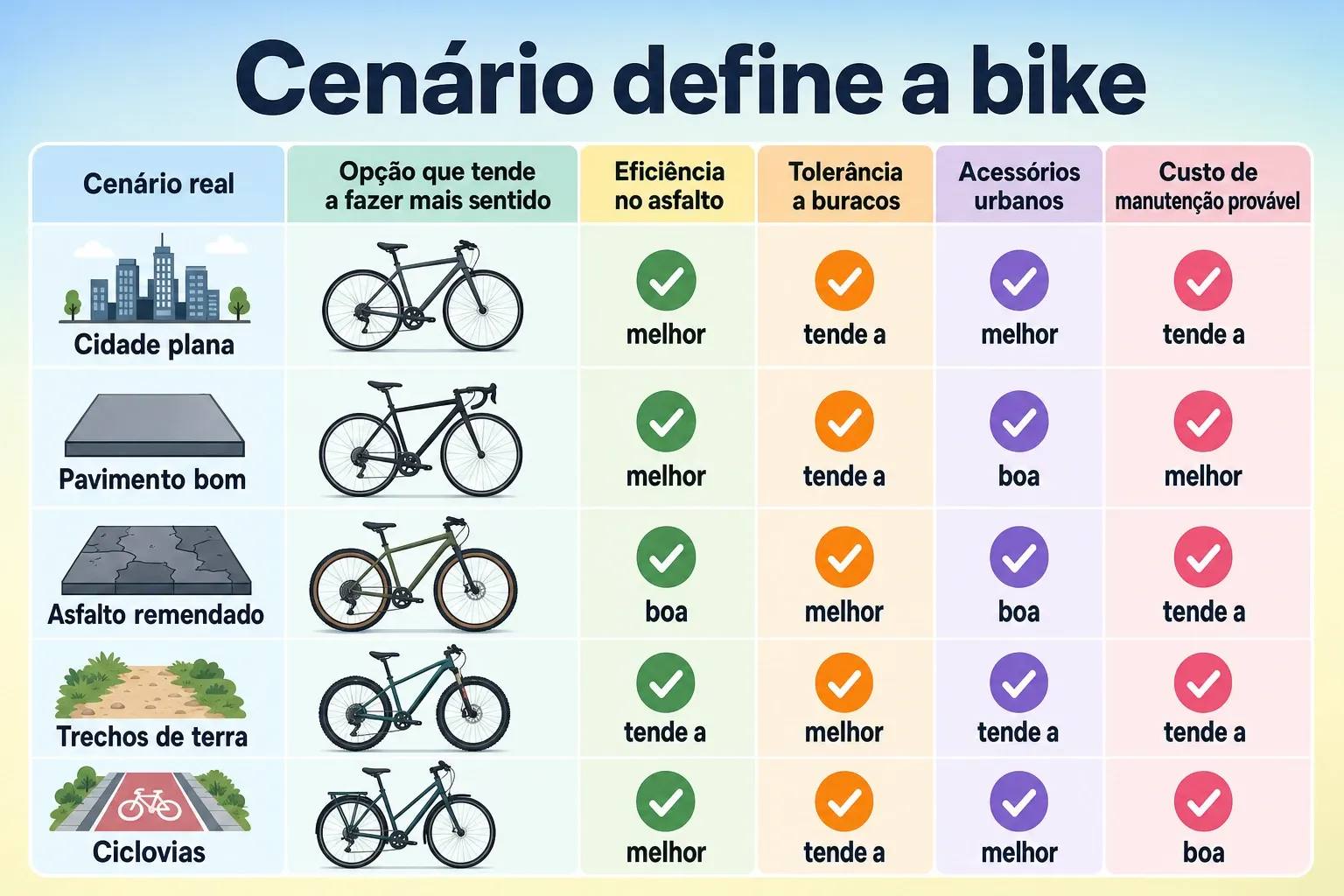 Tabela-síntese com cenários de uso para escolher urbana ou mountain bike.