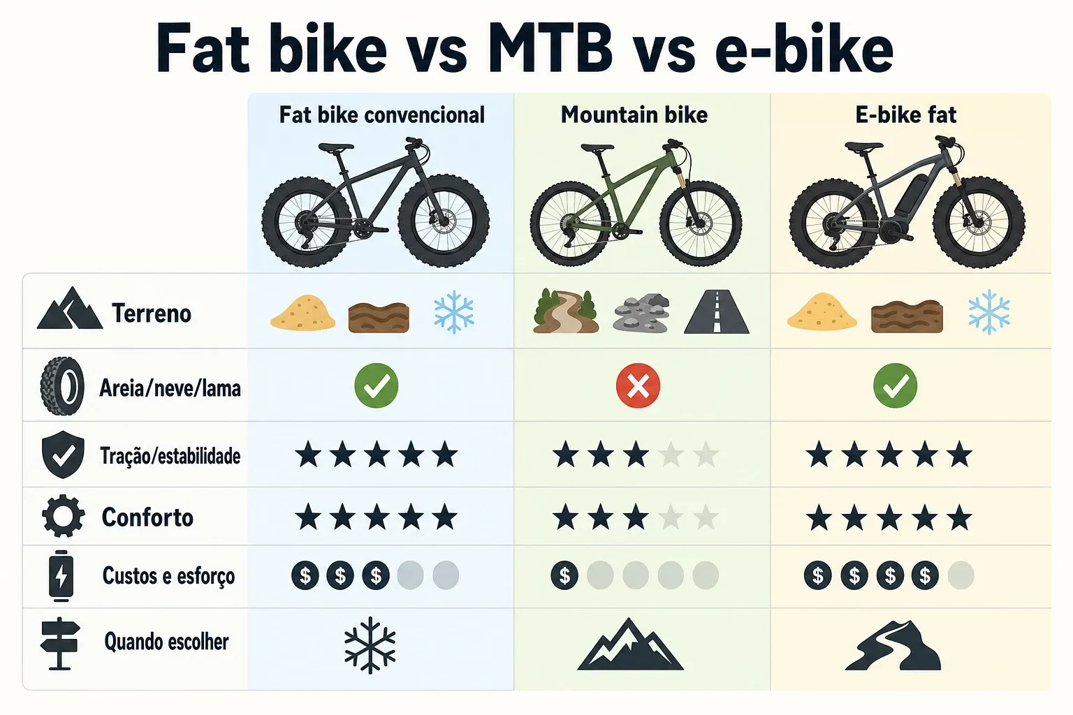 Comparação visual entre fat bike convencional, mountain bike e e-bike fat por terreno, pontos fortes e custos/esforço.