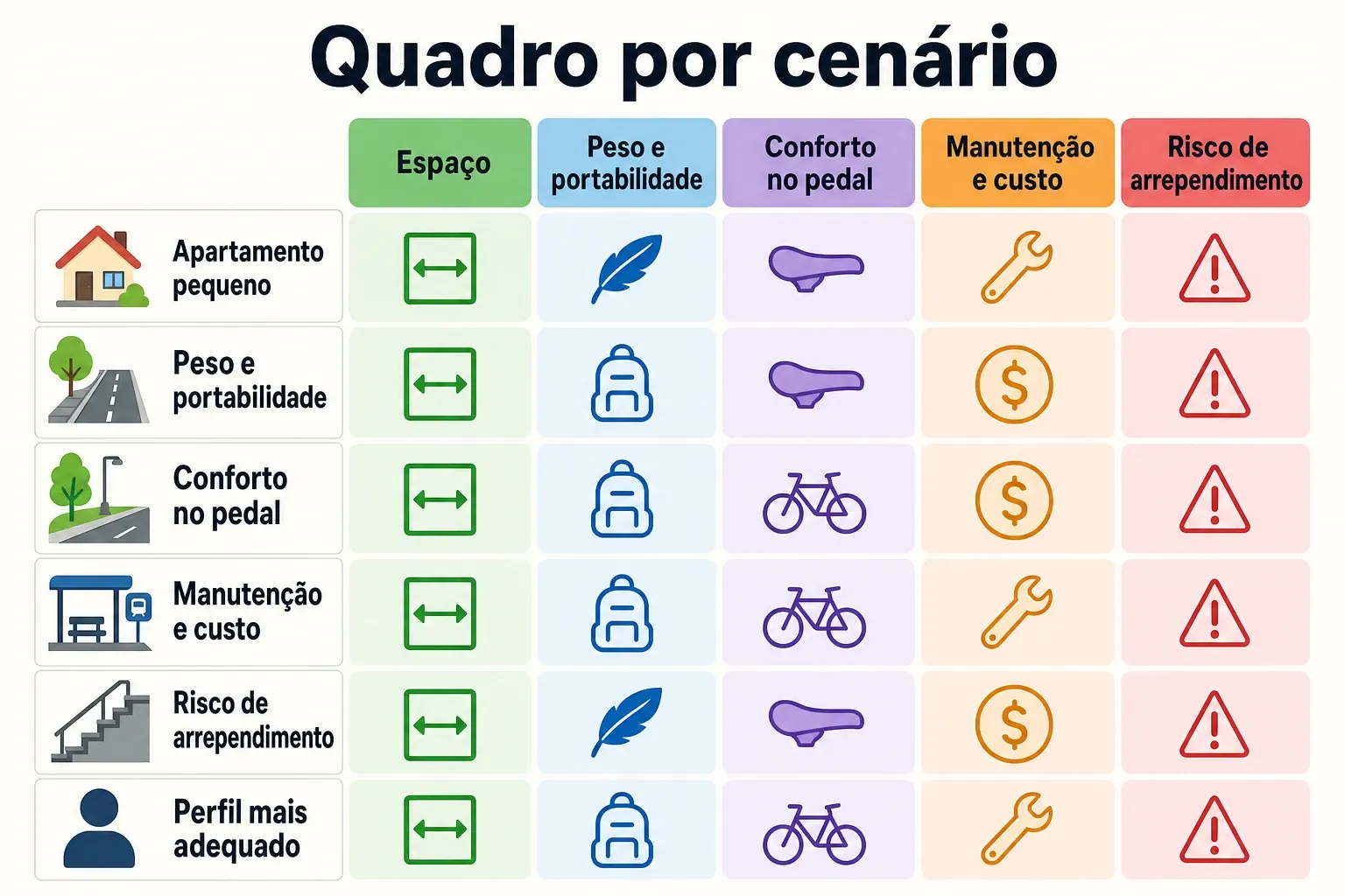 Quadro comparativo por cenários para decidir se bicicleta dobrável compensa conforme espaço, peso, conforto e custos.